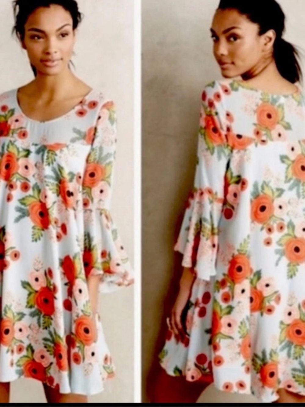 Rifle Paper Co.  for Anthropologie Mint Dress with Coral Floral Print
